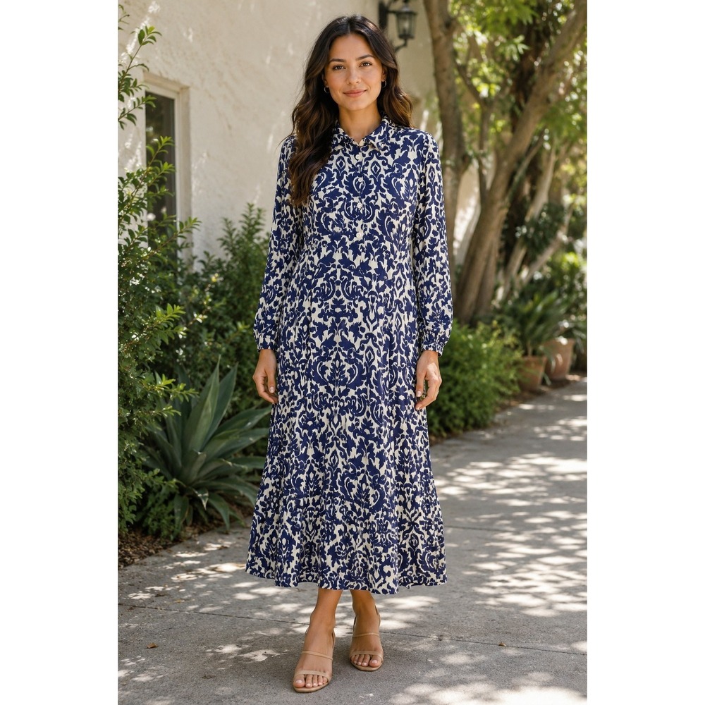 Zara XL Blue White Printed Midi Dress Long Sleeve Button Front Boho Modest
